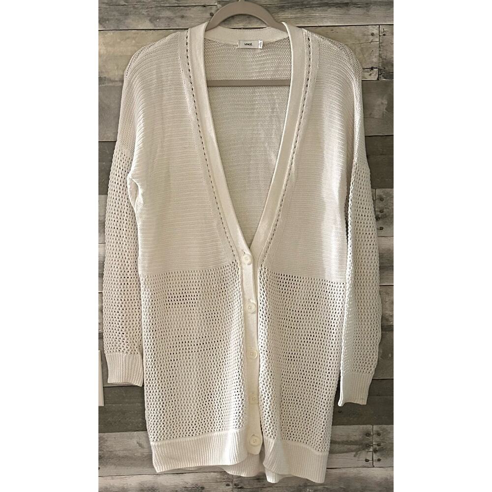 Vince White Rayon Cotton Crochet Knit Long Relaxed Boyfriend Cardigan Sweater XS